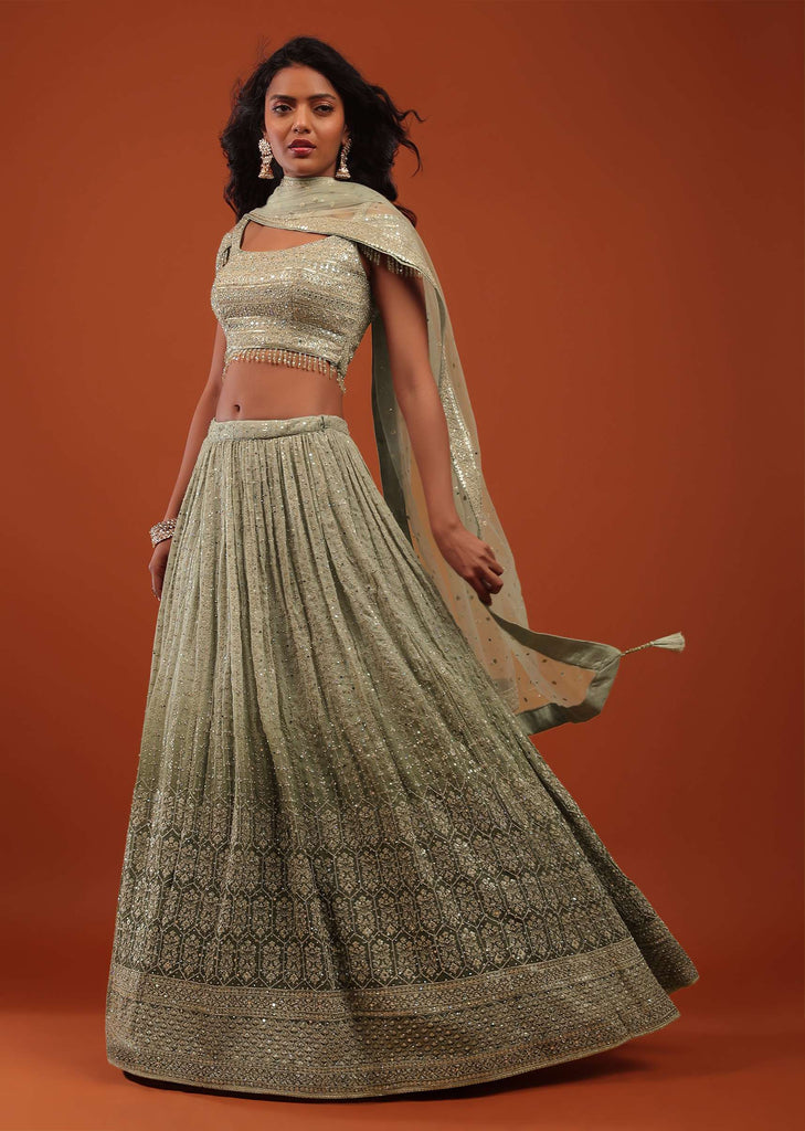 Deep Lichen Green Ombre Lehenga In Georgette With Embroidery