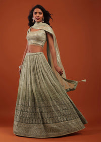 Deep Lichen Green Ombre Lehenga In Georgette With Embroidery