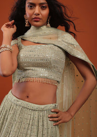 Deep Lichen Green Ombre Lehenga In Georgette With Embroidery