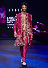 Deep Magenta Banarasi Silk Embroidered Sherwani Suit