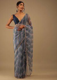 Deep Marine Blue And Black Leheria Print Saree In Moti Embroidery, Crafted In Organza With Moti Embroidery Floral Buttis