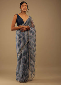 Deep Marine Blue And Black Leheria Print Saree In Moti Embroidery, Crafted In Organza With Moti Embroidery Floral Buttis