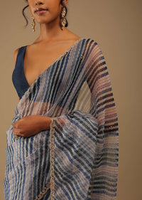 Deep Marine Blue And Black Leheria Print Saree In Moti Embroidery, Crafted In Organza With Moti Embroidery Floral Buttis