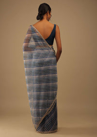 Deep Marine Blue And Black Leheria Print Saree In Moti Embroidery, Crafted In Organza With Moti Embroidery Floral Buttis