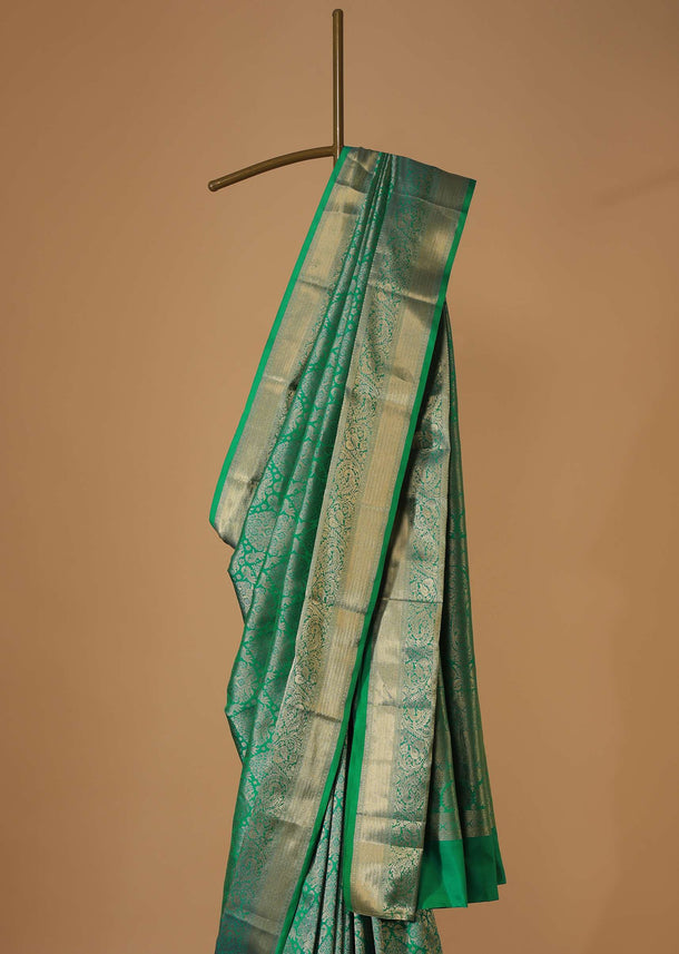 Jade Green Kanjivaram Saree In Zari Weave With An Unstitched Blouse