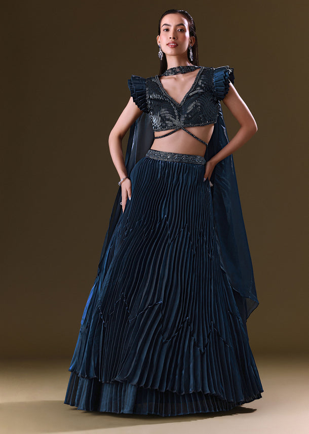 Deep Navy Blue Double Layered Lehenga With Choker Dupatta