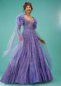 Mauve Purple Ball Gown With Ruffle Frills And Embroidery