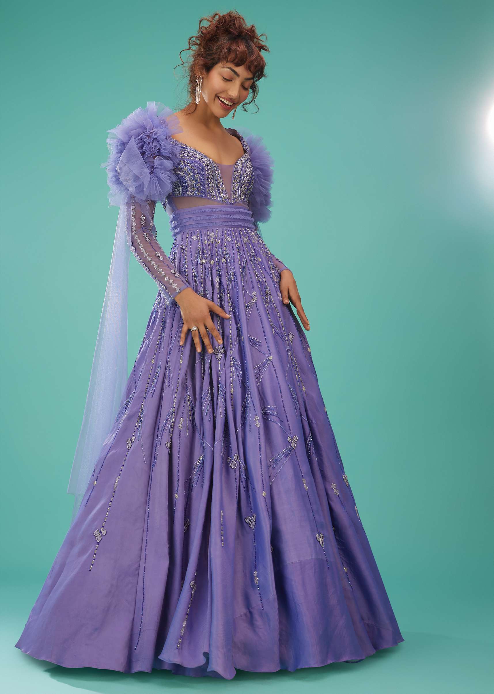 Mauve Purple Ball Gown With Ruffle Frills And Embroidery