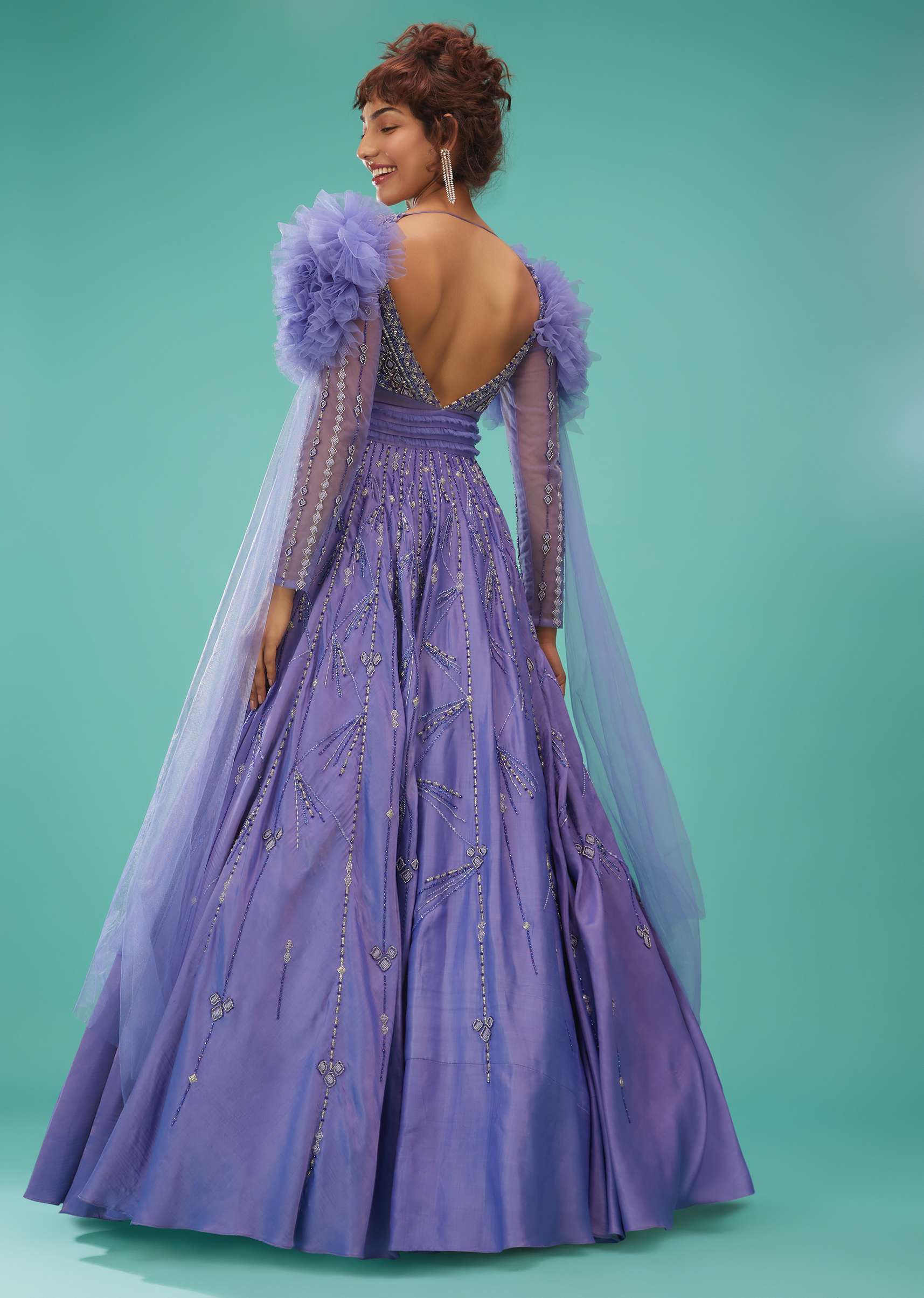 Mauve Purple Ball Gown With Ruffle Frills And Embroidery