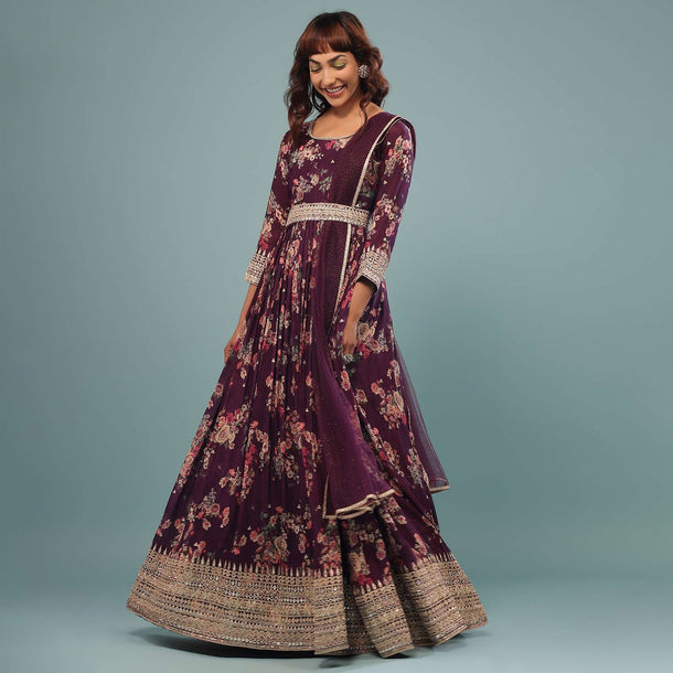 Plum Purple Embroidered Anarkali Suit With Vintage Floral Print In Georgette