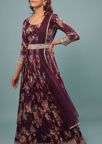 Plum Purple Embroidered Anarkali Suit With Vintage Floral Print In Georgette