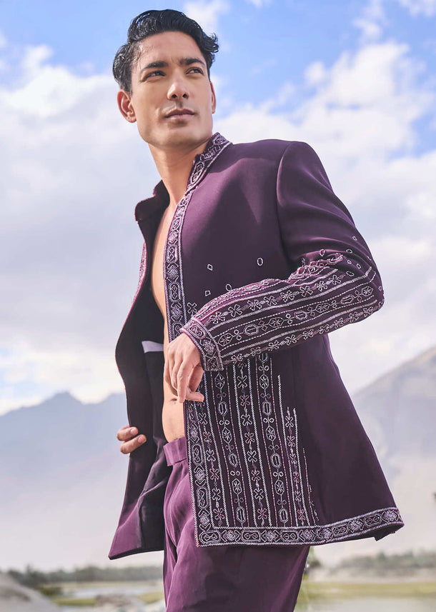 Deep Purple Embroidered Jodhpuri Suit