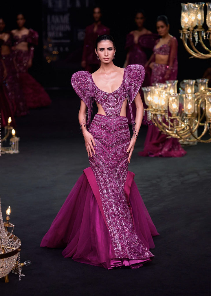 Deep Purple Organza Fishcut Gown With 3D Tassel Sleeves