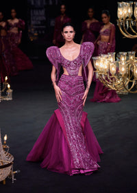 Deep Purple Organza Fishcut Gown With 3D Tassel Sleeves