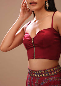 Deep Red Blouse In Satin With Front Zip Closure, Strap Sleeves And Corset Neckline