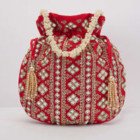 Deep Red Mirror Work Silk Potli Pearl Handle