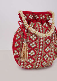 Deep Red Mirror Work Silk Potli Pearl Handle