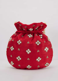 Deep Red Mirror Work Silk Potli Pearl Handle