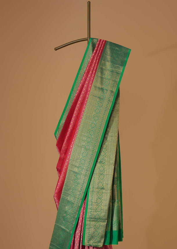 Hot Pink Kanjivaram Saree In Pure Silk With Forest Green Border And Unstitched Blouse