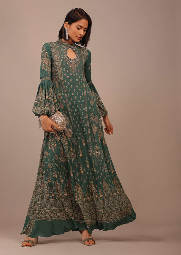 Deep Green Printed Anarkali Kurti With Stone Work In Crepe