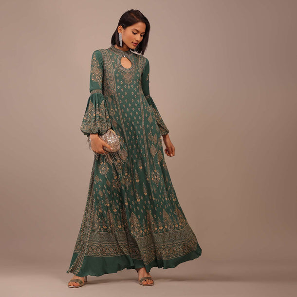 Deep Green Printed Anarkali Kurti With Stone Work In Crepe