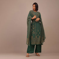 Deep Green Printed Palazzo Suit With Stonework In Crepe