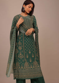 Deep Green Printed Palazzo Suit With Stonework In Crepe