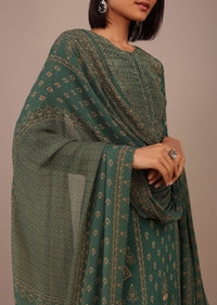 Deep Green Printed Palazzo Suit With Stonework In Crepe