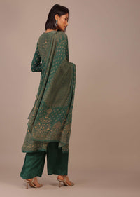 Deep Green Printed Palazzo Suit With Stonework In Crepe