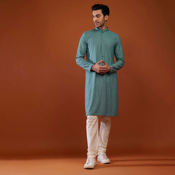 Peacock Green Thread Embroidered Silk Kurta Set