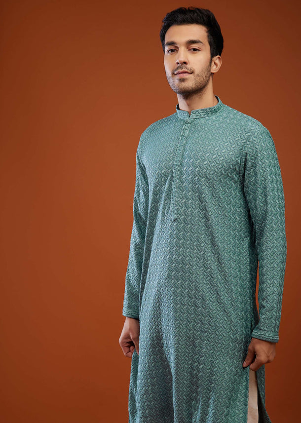 Peacock Green Thread Embroidered Silk Kurta Set