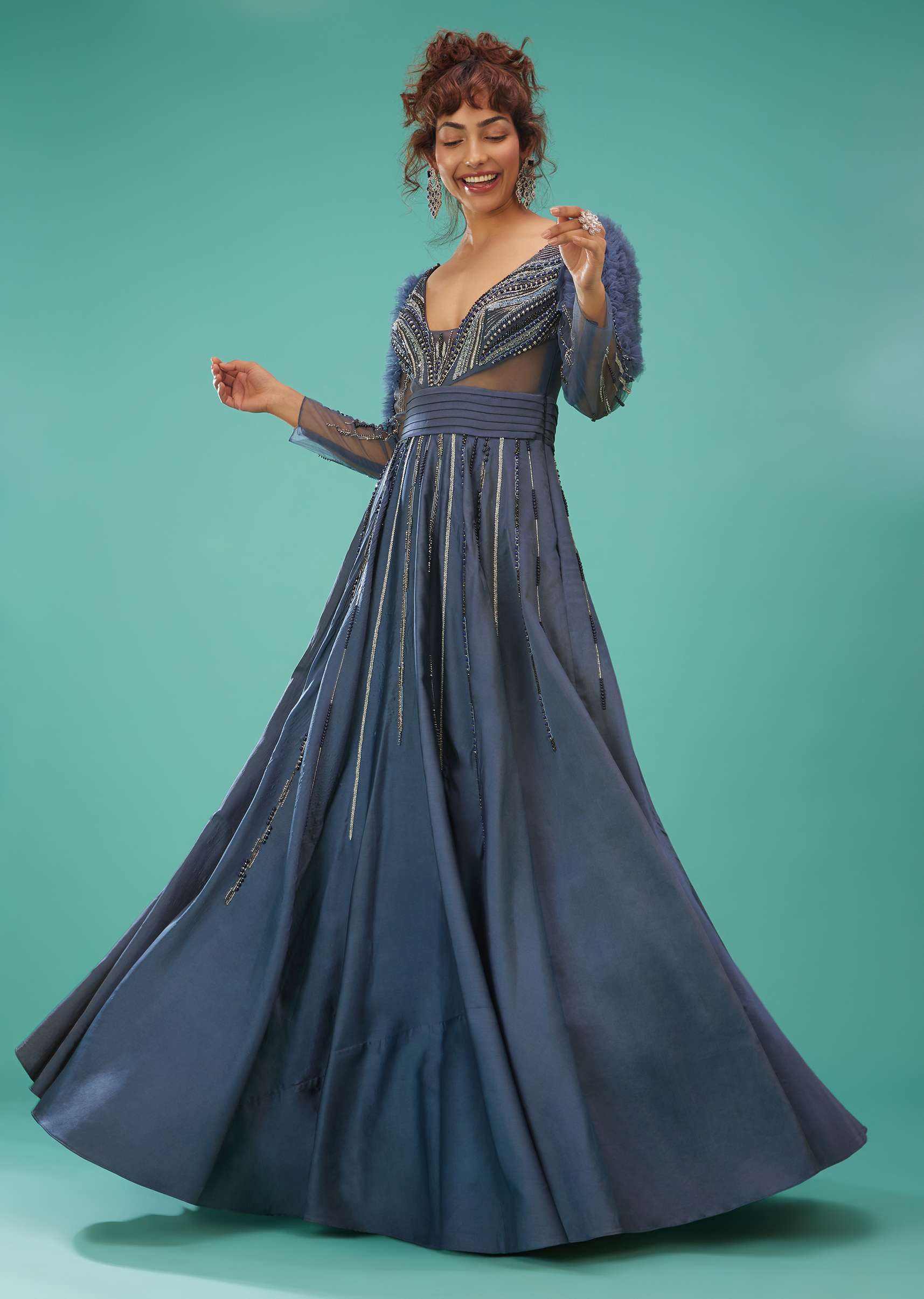 Sea Blue Ball Gown With Ruffle Frills And Embroidery