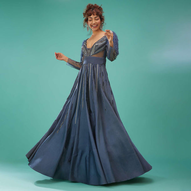 Sea Blue Ball Gown With Ruffle Frills And Embroidery