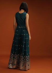 Deep Teal Blue Jumpsuit In Georgette With Zari And Sequins Embroidered Buttis And Mughal Motifs