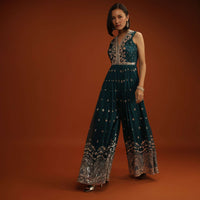 Deep Teal Blue Jumpsuit In Georgette With Zari And Sequins Embroidered Buttis And Mughal Motifs