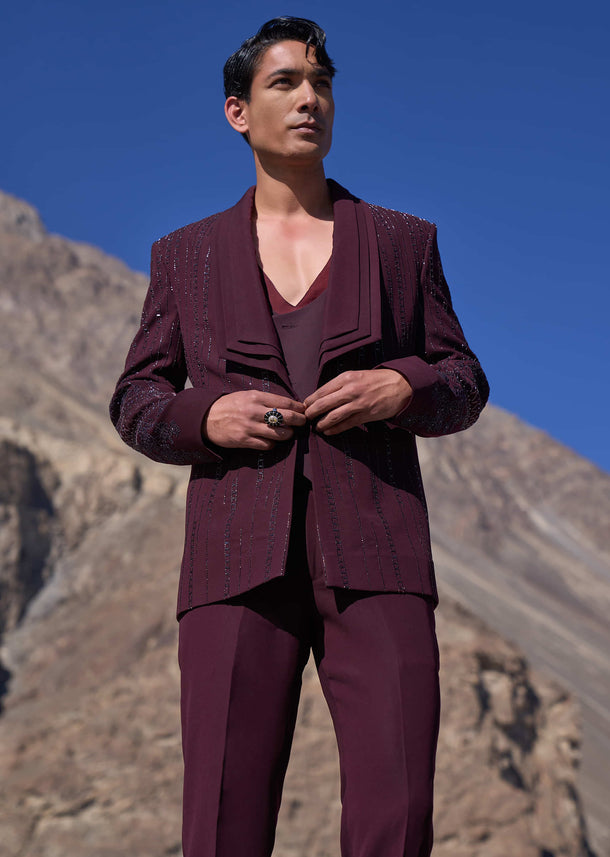 Deep Wine Embroidered Tuxedo Set With Waistcoat And Short Kurta Pants