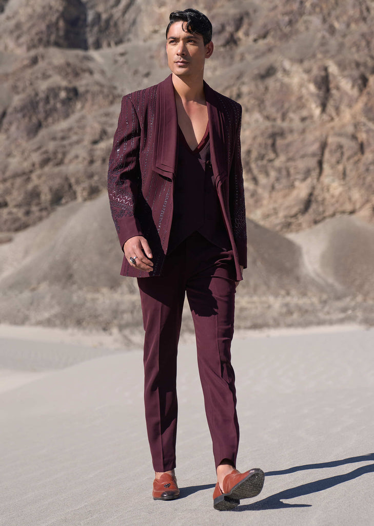 Deep Wine Embroidered Tuxedo Set With Waistcoat And Short Kurta Pants