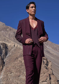 Deep Wine Embroidered Tuxedo Set With Waistcoat And Short Kurta Pants