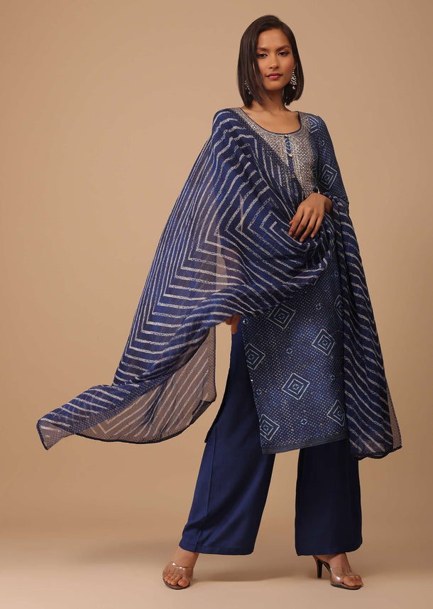 Persian Blue Embroidered Bandhani Printed Cotton Palazzo Suit With Leheriya Dupatta