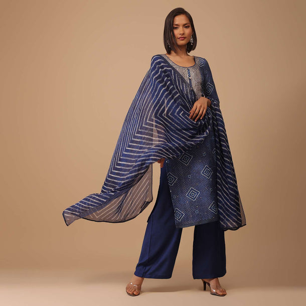 Persian Blue Embroidered Bandhani Printed Cotton Palazzo Suit With Leheriya Dupatta