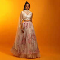 Dew Beige Lehenga In Sheer Organza With Floral Print And Mirror Abla Embroidered Sleeveless Choli