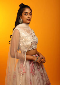 Dew Beige Lehenga In Sheer Organza With Floral Print And Mirror Abla Embroidered Sleeveless Choli