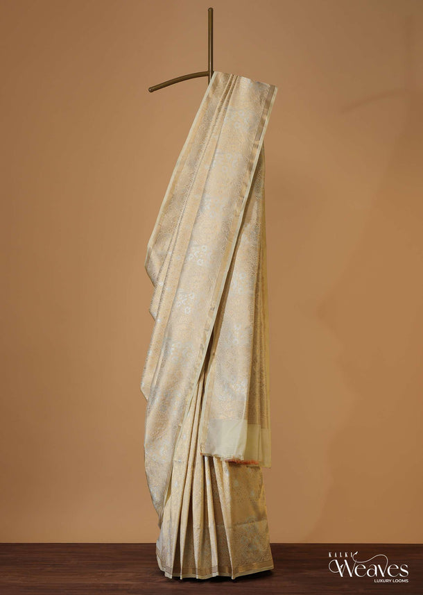 Beige White Kanjivaram Saree In Banarasi Uppada Silk With Unstitched Blouse