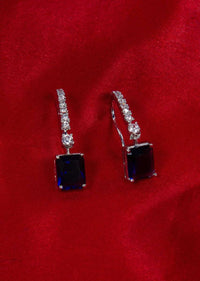 Diamond studded silver hoop earring with dark blue crystal stone only on Kalki