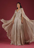 Doe Organza Gown With A Long Extended Cape Sleeves And A Plunging V Neckline