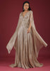 Doe Organza Gown With A Long Extended Cape Sleeves And A Plunging V Neckline