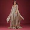 Doe Organza Gown With A Long Extended Cape Sleeves And A Plunging V Neckline