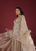 Doe Organza Gown With A Long Extended Cape Sleeves And A Plunging V Neckline