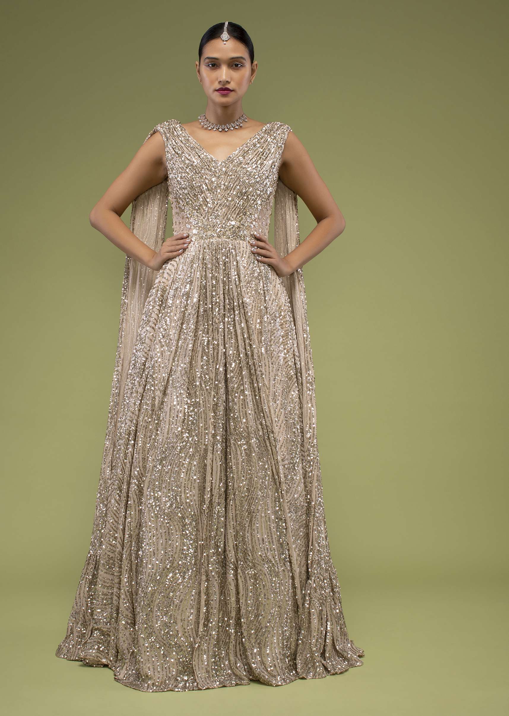 Doe Gown With A Long Cape In Sequins Embroidery, Crafted In Sleeveless With A V Neckline And A Side Zip Closure