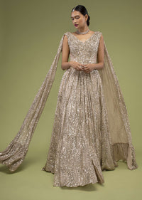 Doe Gown With A Long Cape In Sequins Embroidery, Crafted In Sleeveless With A V Neckline And A Side Zip Closure